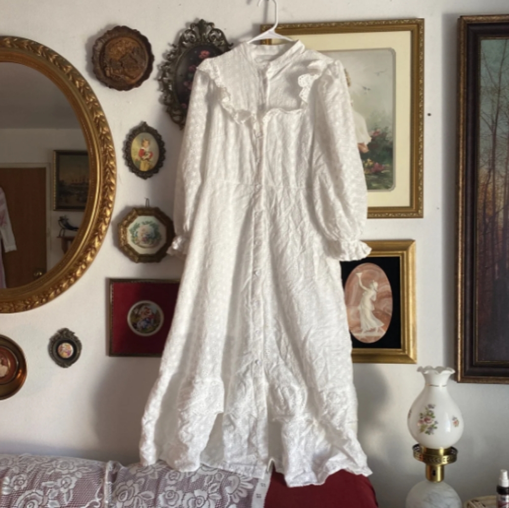 Cotton eyelet prairie dress, cottagecore maxi dress, high neck victorian dress
